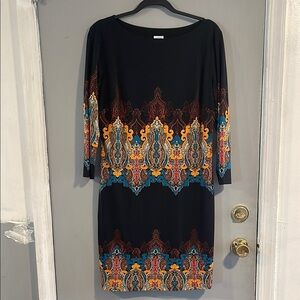 CACHE Black Sheath Dress with‎ Bateau Neckline and Long Sleeves XL